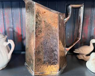 W.B. Manufacturing electroplated nickel silver 'Tapestry'  pitcher, does have some wear to finish 10"H