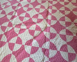 Rob Peter to Pay Paul pink and white quilt, intricate stitching, minor spots, 72" x 82"