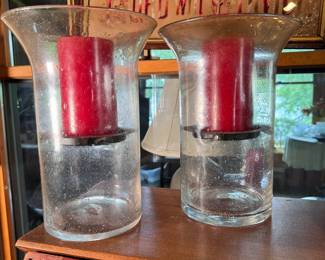 Pair of large glass pillar candle holders 11"H