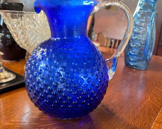 Cobalt blue art glass pitcher with clear handle 10"H