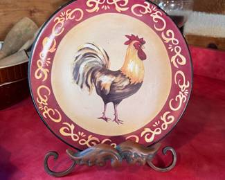 Decorative pottery rooster plate on stand 12"