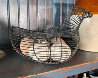 Wired chicken egg basket with ceramic/pottery eggs 5"H