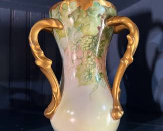 Tressemann & Vogt Limoges triple handled vase with grapes pattern and gold accents 7"H