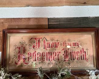 Victorian punch paper motto sampler ' I know that my Redeemer Giveth' minor foxing 11" x 23"