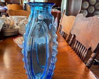 Blenko Glass 1992 blue vase, not numbered or signed, 13"H