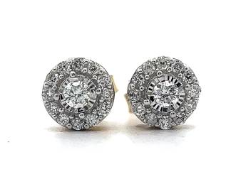 1/2 Carat Pave Round Diamond Halo Cluster Stud Earrings in Yellow Gold