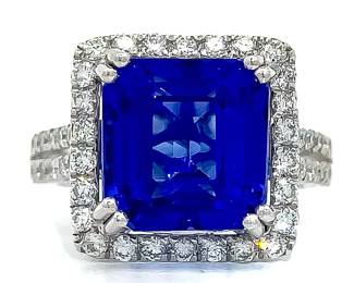 9.11 Carat Tanzanite & Natural Diamond Halo Split Shank Ring in Platinum