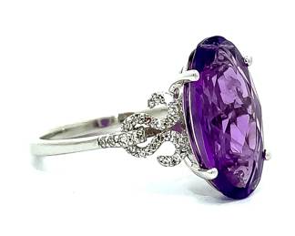 4.00 Carat Oval Amethyst & Diamond Snowflake Cluster Ornate Cocktail Ring in 14k White Gold