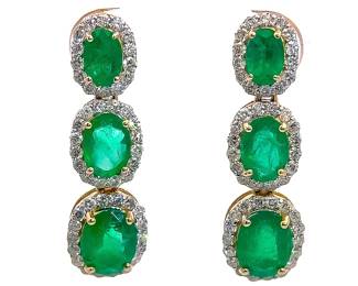 5.45 Carat Emerald Three-Stone Natural Diamond Halo Dangle Drop Earrings in 14k White Gold