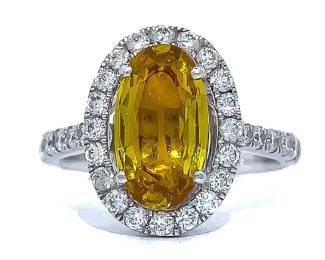 Designer "Orianne" Extremely RARE GIA Certified Unheated Natural Yellow Sapphire & Natural Diamond Halo Ring in Platinum