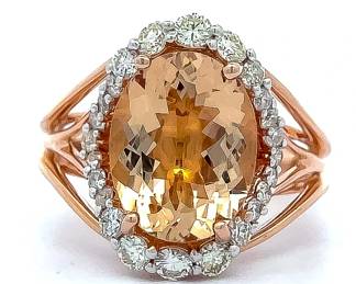 Oval Natural Morganite & Natural Diamond Halo Split Shoulder Shank Ring in 14k Rose Gold 