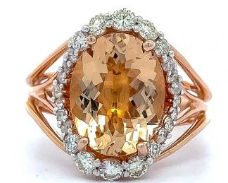 Oval Natural Morganite & Natural Diamond Halo Split Shoulder Shank Ring in 14k Rose Gold