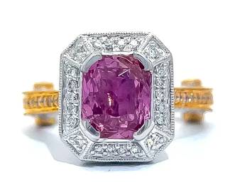 Brand New! 4.16 Carat GIA Certified Natural Pink Sapphire & Natural Diamond Art Deco Euro Shank Ring in 18k Two-Tone Gold