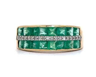 Vibrant Square Cut Emerald & Diamond Triple Channel Ring in 14k Yellow Gold