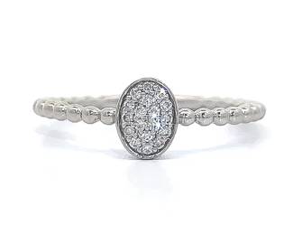 Oval Pave Diamond Beaded Band Stackable Ring White Gold