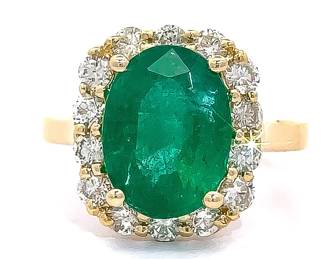 4.90 Carat Emerald & Natural Diamond Halo Cluster Ring in 14k Yellow Gold