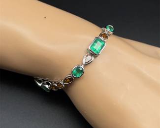 11.44 Carat Cognac Fancy Deep Brown Natural Diamond & Emerald Tennis Bracelet in 14k White Gold