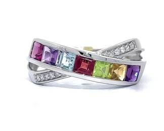 Rainbow Gemstone: Amethyst, Garnet, Citrine, Peridot, Blue Topaz & Diamond Crossover Ring in White Gold
