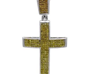 Extra Large 5.50 Carat Fancy Yellow Natural Diamond Princess Cut Invisible Set Cross Pendant in 14k White Gold - $18,290 Appraisal Included