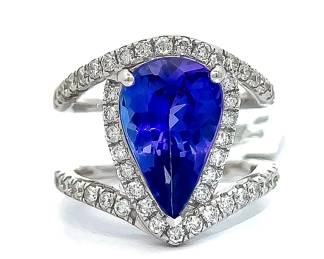 5.13 Carat Vibrant Tanzanite & Natural Diamond Double Band Wide Ring in 18k White Gold