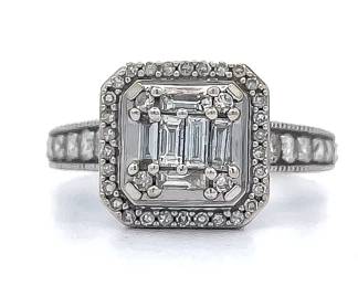 1.00 Carat Natural Diamond Halo Baguette Illusion Halo Engagement Ring 14k White Gold
