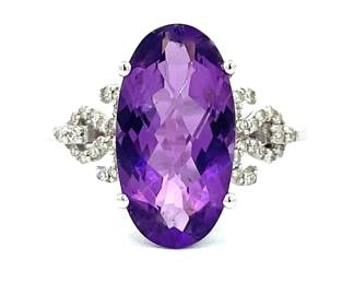 4.00 Carat Oval Amethyst & Diamond Snowflake Cluster Ornate Cocktail Ring in 14k White Gold