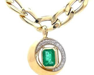 Designer "Gadey Shemesh" Emerald & Diamond Eternity Circle Pendant & Chain Necklace in 14k Yellow Gold