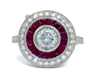 Brand New! 2.83 Carat F-Color Natural Diamond & Ruby Concentric Halo Cluster Ring in Platinum