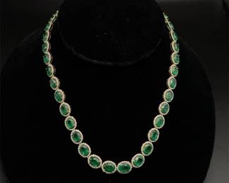 Brand New! Designer Oscar Friedman 51.82 Carat Emerald & Natural Diamond Oval Halo Cluster Necklace in 14k Yellow Gold