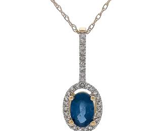 Oval Blue Sapphire & Pave Diamond Halo Elongated Drop Pendant & Chain Necklace in Yellow Gold