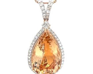 NEW! 12.10 Carat Morganite & Natural Diamond Pear Pendant Necklace in 14k Rose Gold