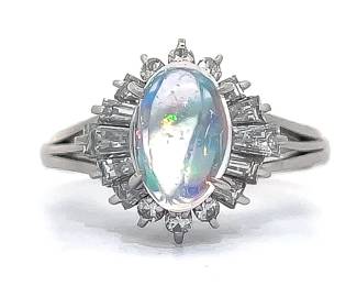 2.55 Carat Oval Cabochon Opal & Diamond Snowflake Cluster Split Shank Ring in Platinum