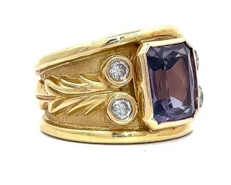 Lab Alexandrite & Diamond Modern Bezel Engraved Leaf & Vine Ring in 14k Yellow Gold