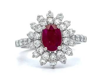 Brand New! Designer Oscar Friedman GIA CERTIFIED Mozambique Ruby & F-Color Natural Diamond Cluster Snowflake Ring in Platinum