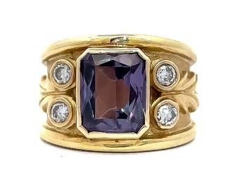 Lab Alexandrite & Diamond Modern Bezel Engraved Leaf & Vine Ring in 14k Yellow Gold