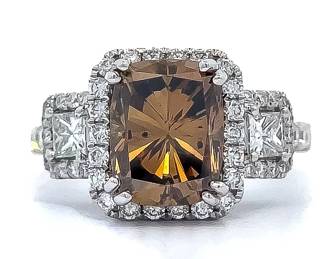 Brand New! Fancy Dark Yellowish-Brown & White Natural Diamond Three-Stone Halo Ring in 18k White Gold