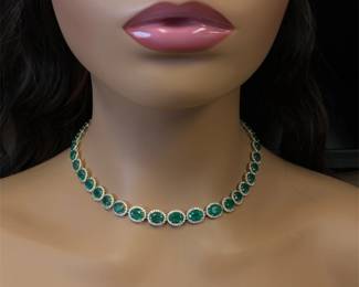 Brand New! Designer Oscar Friedman 51.82 Carat Emerald & Natural Diamond Oval Halo Cluster Necklace in 14k Yellow Gold