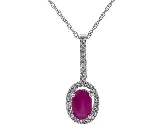 Oval Ruby & Pave Diamond Elongated Drop Pendant & Chain Necklace in Yellow Gold