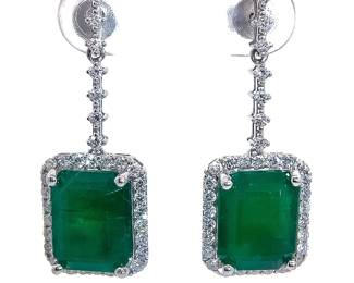 8.34 Carat Emerald & Natural Diamond Linear Dangle Drop Earrings in 18k White Gold