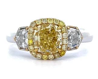2.23 Carat Fancy Yellow Natural Diamond Halo & White Diamond Ring in 18k Gold w/ GIA Report 