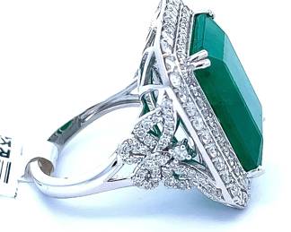 LARGE 19.69 Carat Emerald & Natural Diamond Double Halo Openwork Garden Ring in Platinum