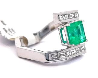 3.16 Carat Natural Colombian Emerald & Natural Diamond Baguette Art Deco Bypass Ring in Platinum
