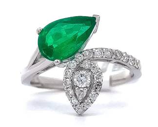 1.74 Carat Pear Emerald & Natural Diamond Cluster Bypass Ring in 18k White Gold