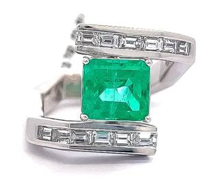3.16 Carat Natural Colombian Emerald & Natural Diamond Baguette Art Deco Bypass Ring in Platinum