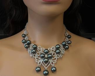 Tahitian Pearl and 13.47 Carats of Natural Diamonds in a Stunning 14k White Gold Necklace