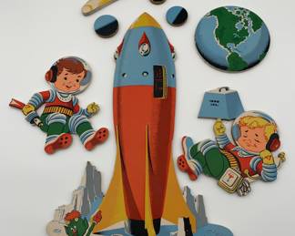 Dolly Toy Wall Decor - 1958 - Fabulous Color & Condition! Vintage space-themed wood room decorations for children's room