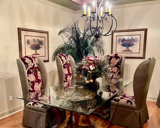 gorgeous upholstered dining room chairs with glass pedestal table