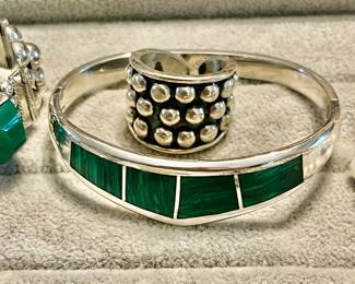 sterling vintage bead ring, Malachite bracelet