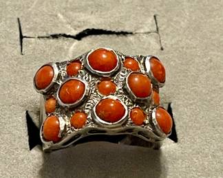 Huge red coral and sterling ring 