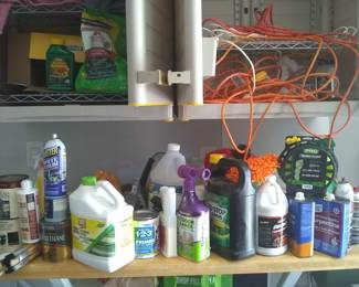 Nick Knacks tools, paints, car wash, garden supplies, utility power cords "SOLD", sand paper, removers, cleaners, ect.  In garage on shelf.